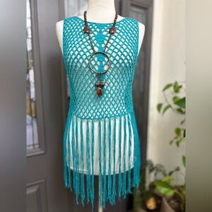Turquoise Crochet Boho Fishnet Long Fringe Hem Top